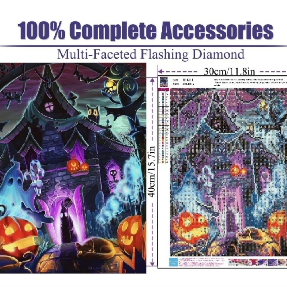 Spooky Halloween Haunted House Ghosts Purple Diamond Painting Kit New - Picture 4 of 6